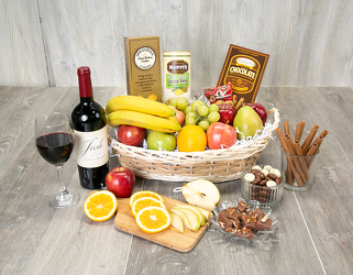 Fruit, Wine and Gourmet Basket from Schultz Florists, flower delivery in Chicago