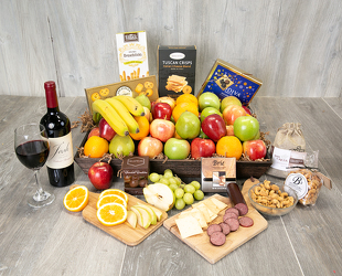 Supreme Fruit, Wine and Gourmet Basket from Schultz Florists, flower delivery in Chicago